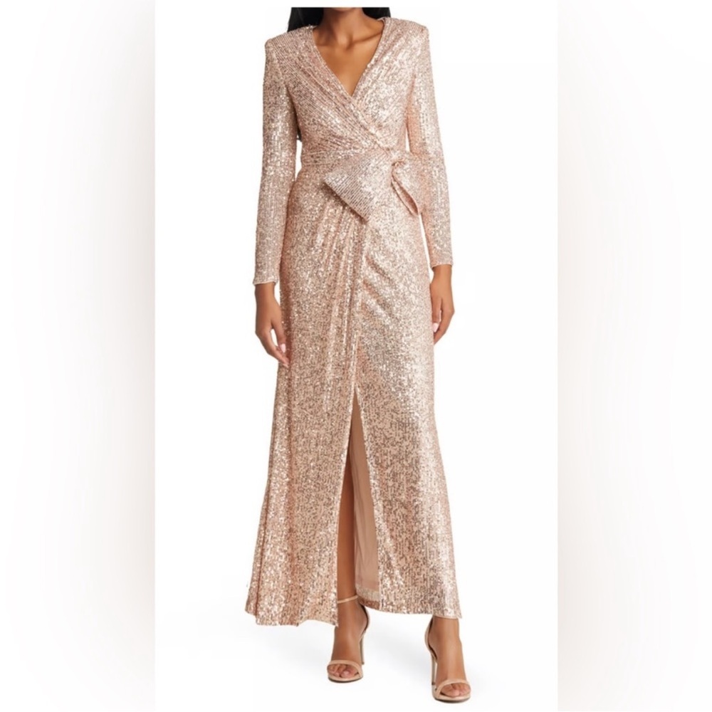 Eliza J Sequined Wrap Front Long Sleeve Gown in Champagne sequin bow sz 14W